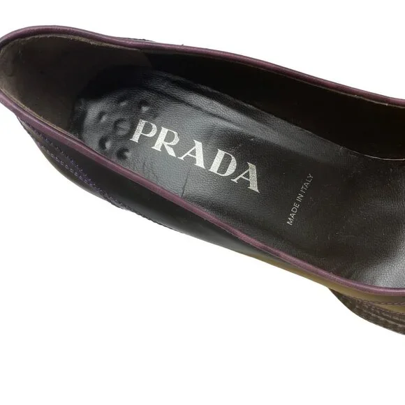 Prada Square Block Pumps Women Sz 36 Deep Purple Leather Vero Cuoio Mid Heel